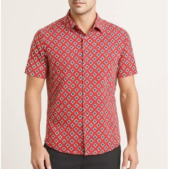 Kenneth Cole Red Geo‎ Print Shirt L Short Sleeve Button Up Resort Casual Core - Picture 1 of 10